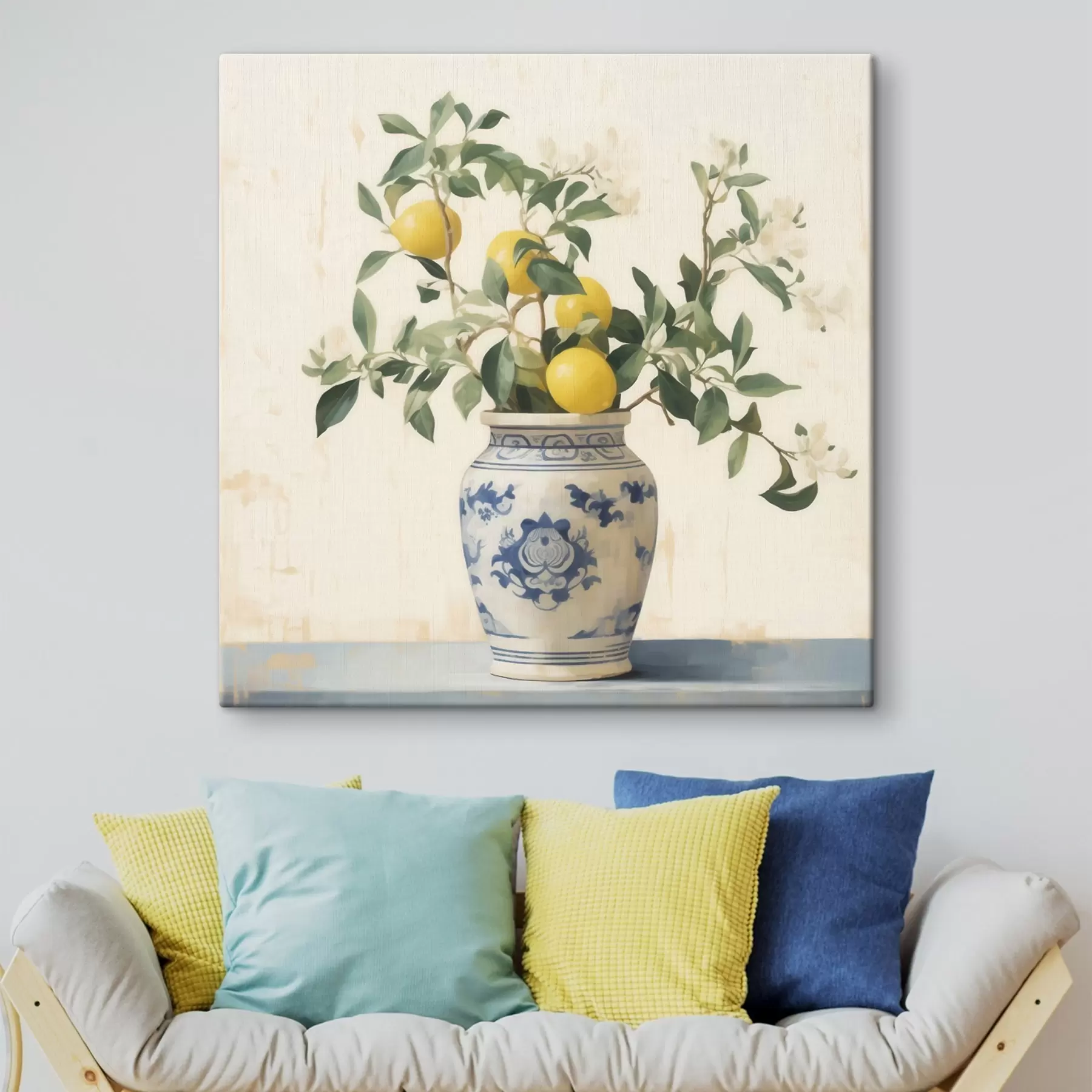 Tableau Citrons dans un vase en céramique bleu et blanc dans le style d'une peinture à l'huile s46924