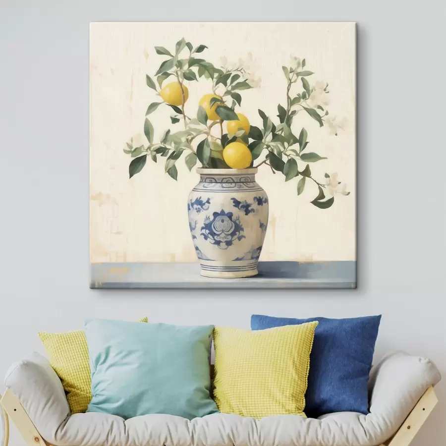 Tableau Citrons dans un vase en céramique bleu et blanc dans le style d'une peinture à l'huile s46924