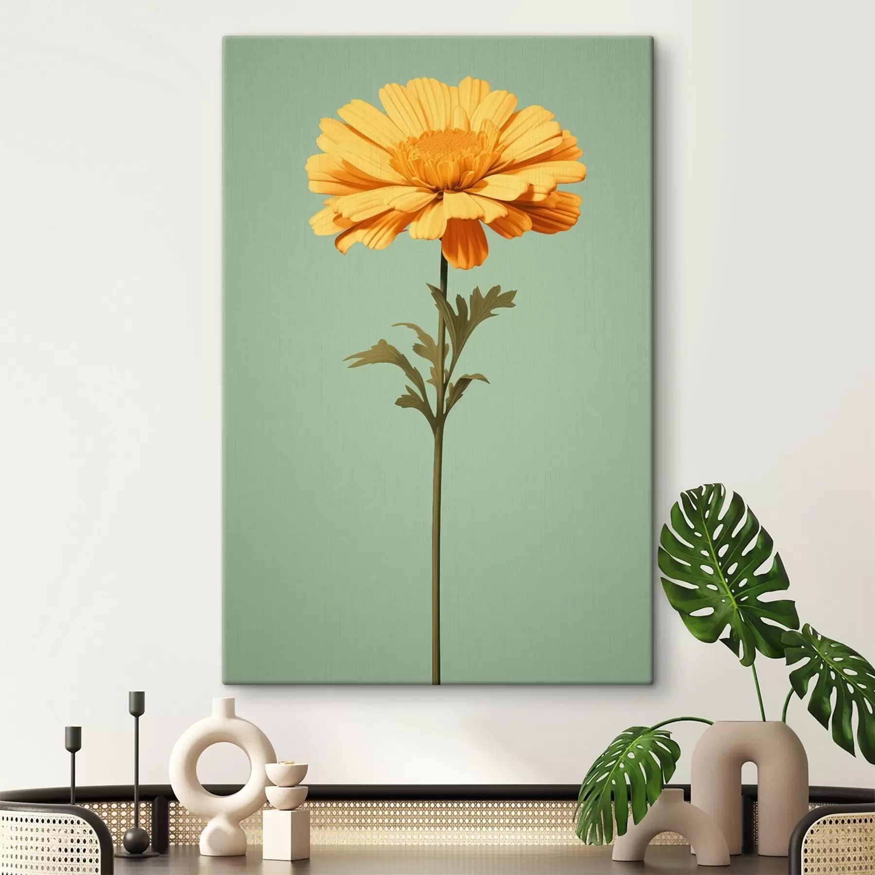 Tableau Calendula jaune sur fond menthe dans un style minimaliste s46926