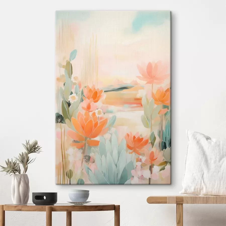 Tableau Paysage floral dans des tons roses et bleus dans un style pictural contemporain s46931