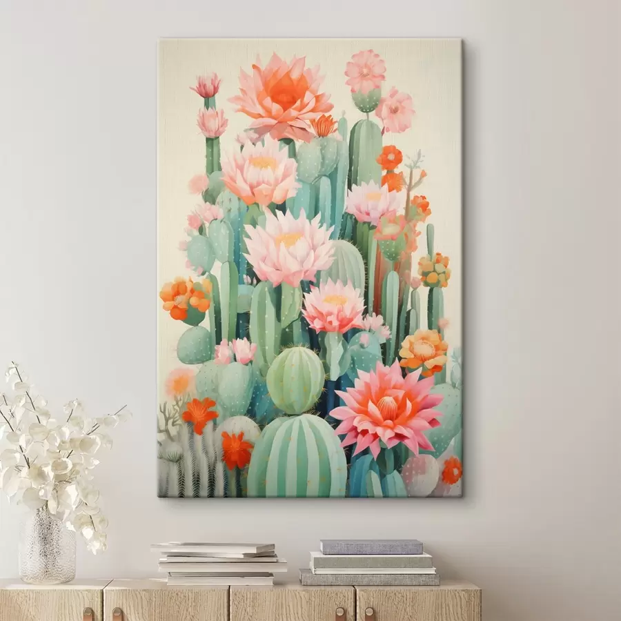Tableau Cactus en fleurs roses et orange dans un style illustré s46934