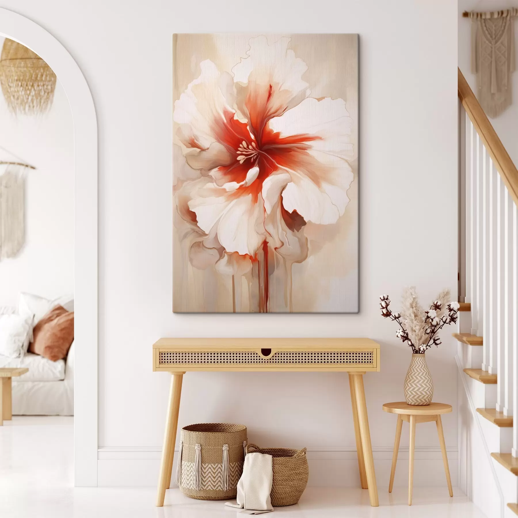 Tableau Gros plan d'une fleur blanche et rouge aux pétales semi-transparents et aux coulures de peinture fluides s46941