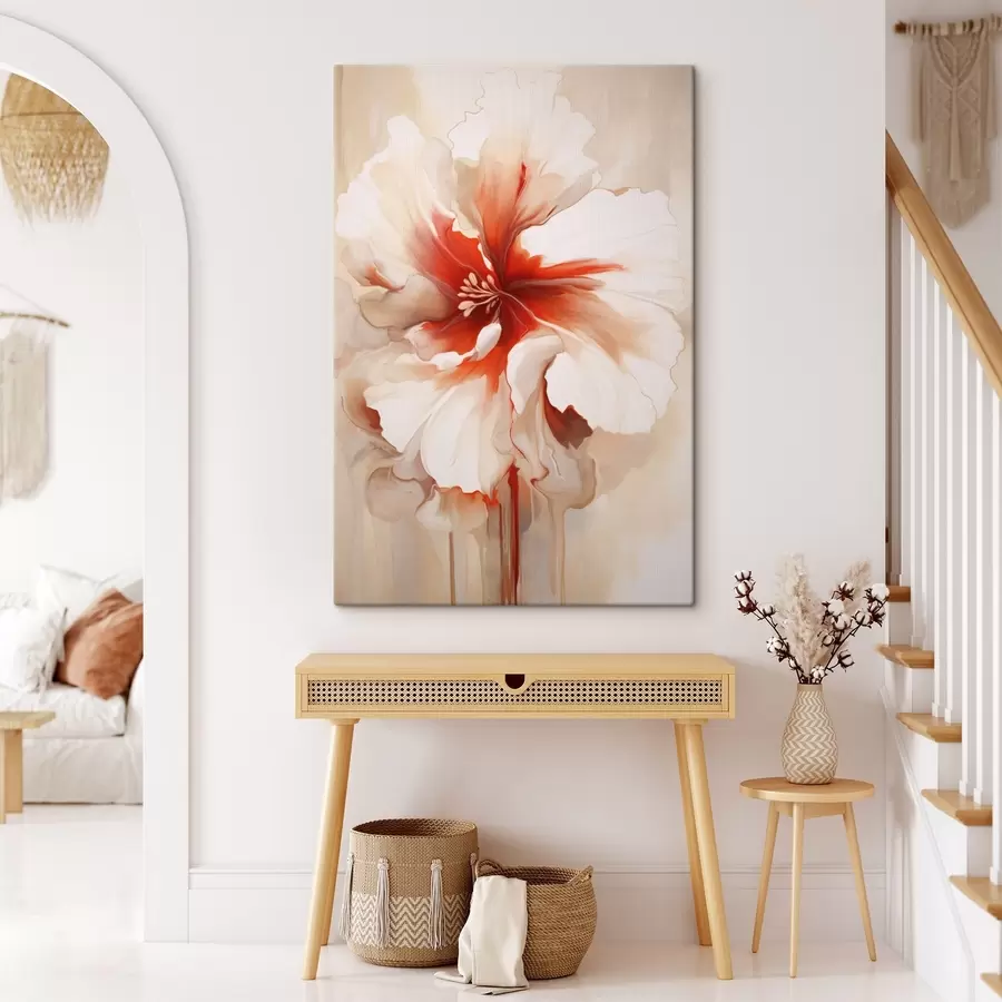 Tableau Gros plan d'une fleur blanche et rouge aux pétales semi-transparents et aux coulures de peinture fluides s46941