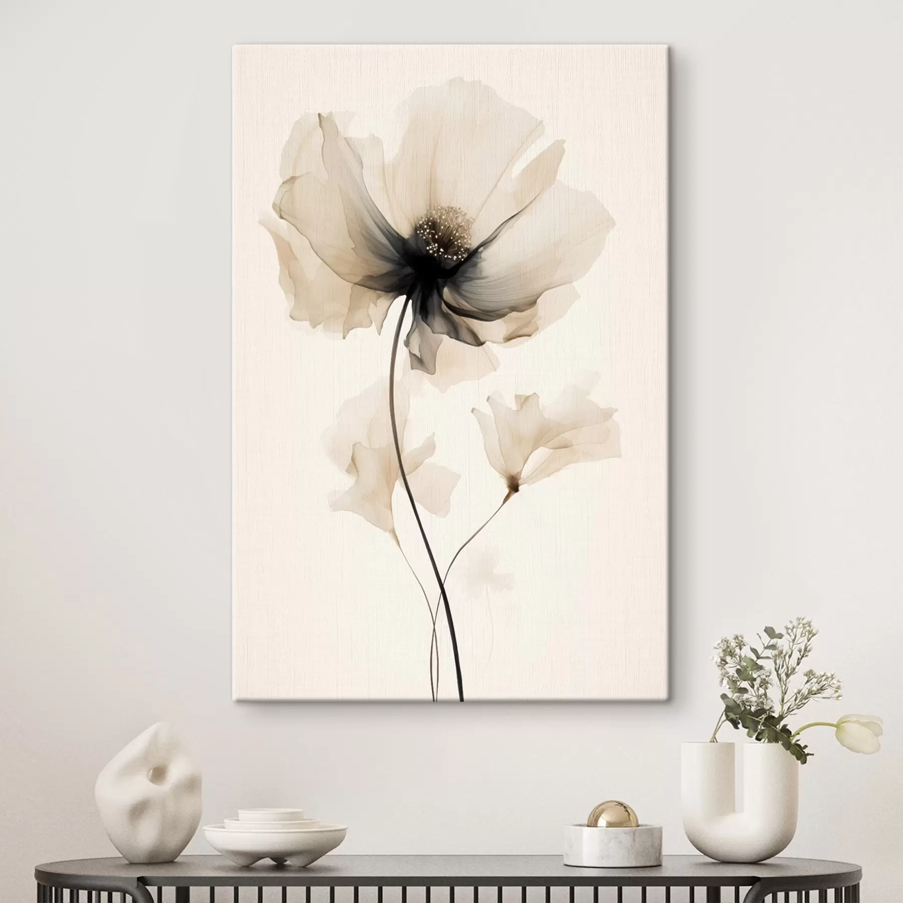 Tableau Fleur délicate semi-transparente avec un centre sombre dans un style minimaliste s46944