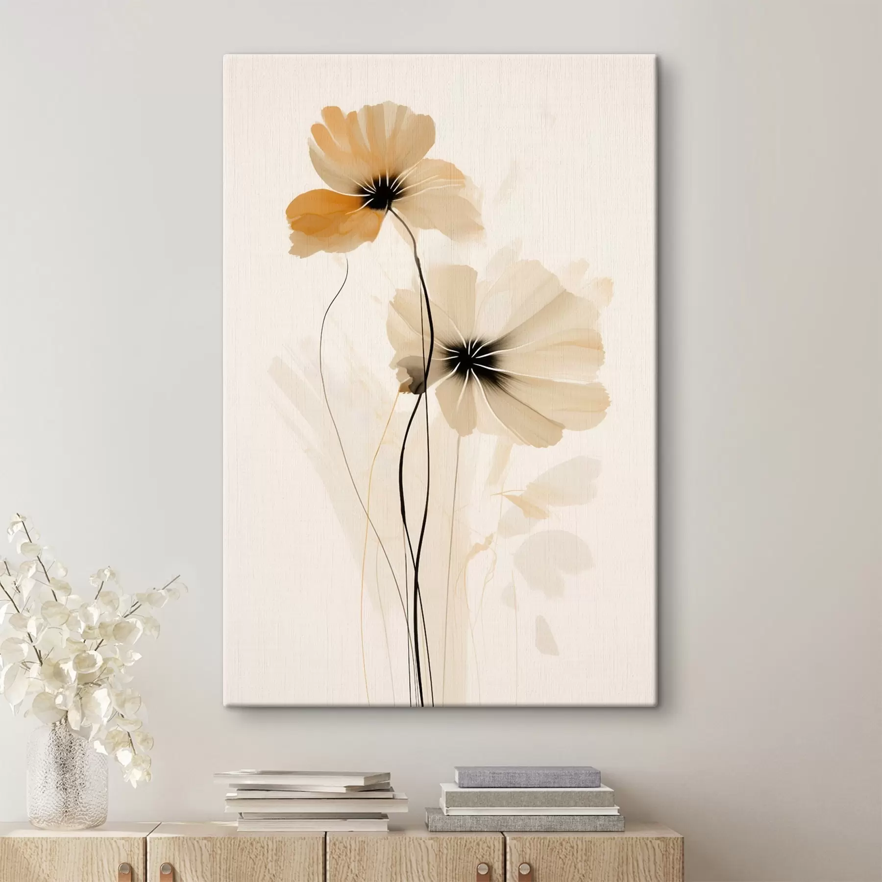 Tableau Fleurs dans une palette beige-pêche avec des centres foncés dans un style minimaliste s46945