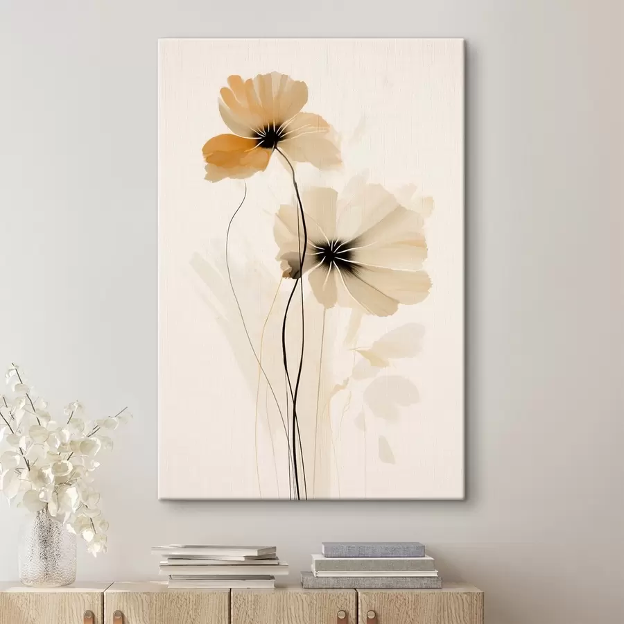 Tableau Fleurs dans une palette beige-pêche avec des centres foncés dans un style minimaliste s46945