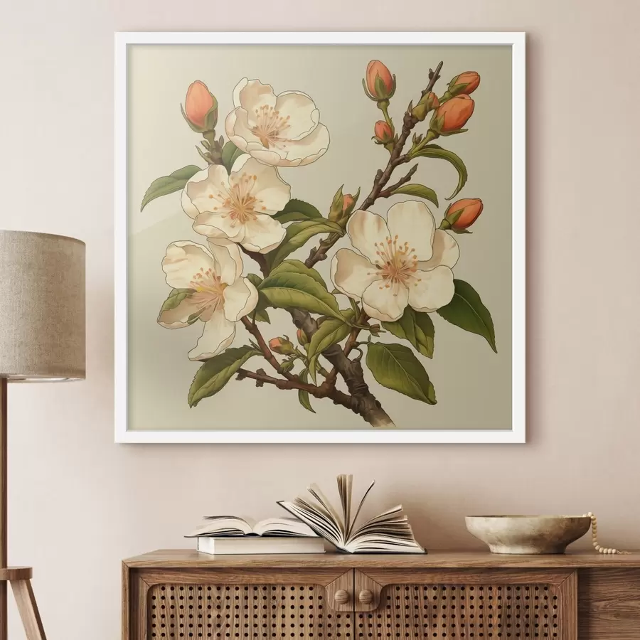 Papier peint Branche fleurie avec des fleurs blanches sur fond beige dans le style d'une illustration classique f46923