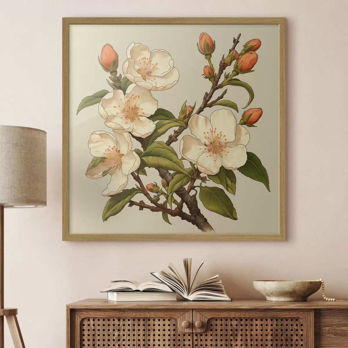 Poster Branche fleurie avec des fleurs blanches sur fond beige dans le style d'une illustration classique f46923