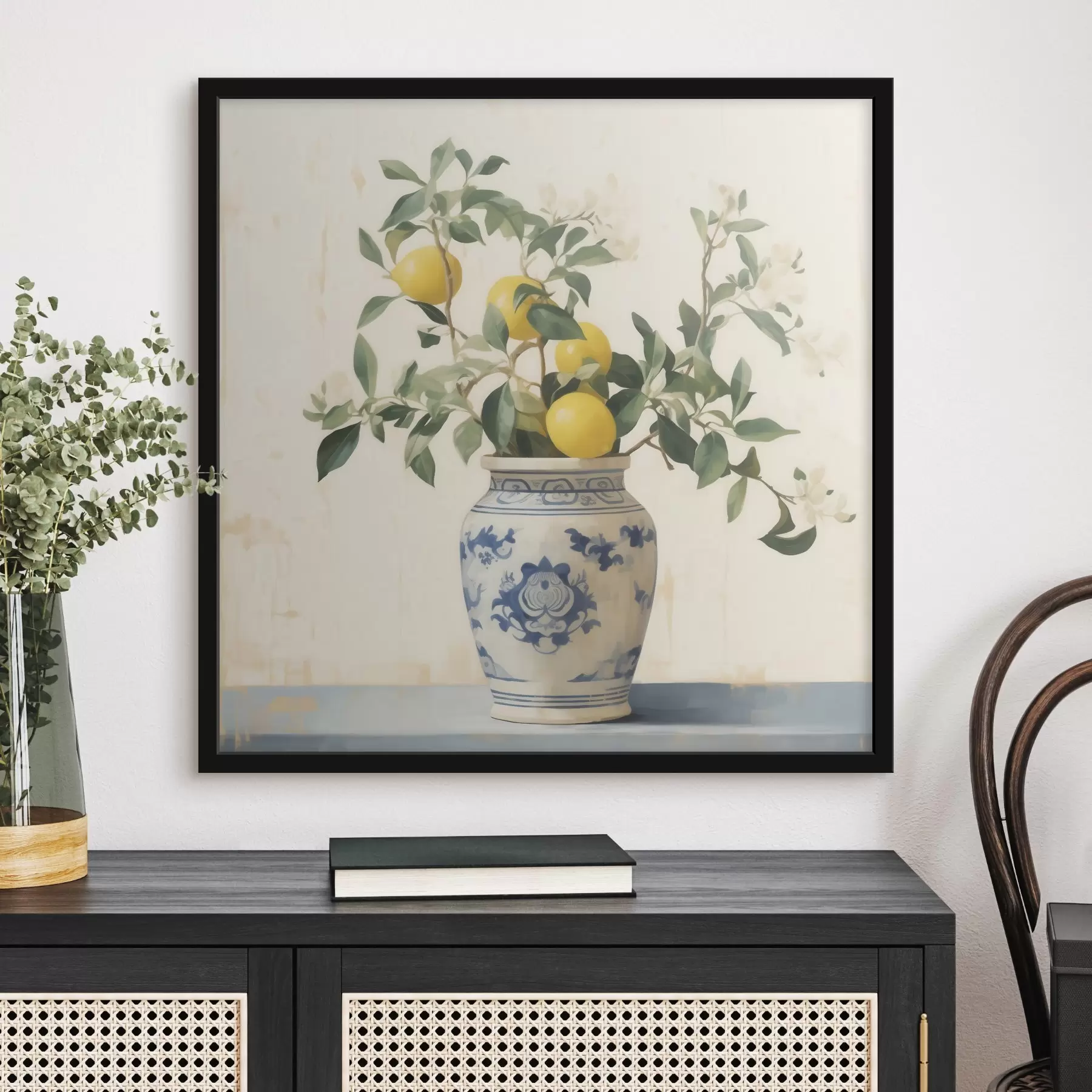 Papier peint Citrons dans un vase en céramique bleu et blanc dans le style d'une peinture à l'huile f46924