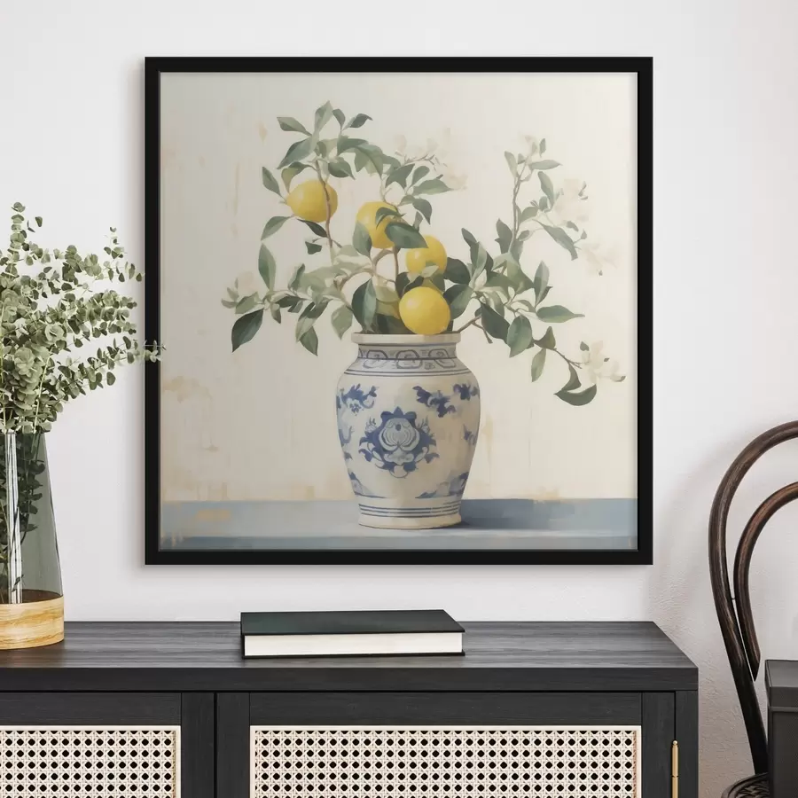 Papier peint Citrons dans un vase en céramique bleu et blanc dans le style d'une peinture à l'huile f46924