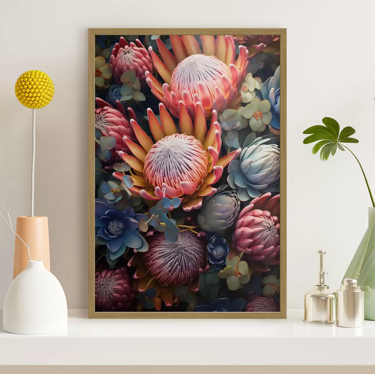 Poster Composition de protéas, d'eucalyptus et de plantes succulentes dans un style artistique numérique photoréaliste f46925