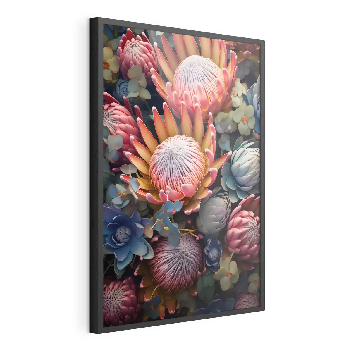 Poster Composition de protéas, d'eucalyptus et de plantes succulentes dans un style artistique numérique photoréaliste f46925