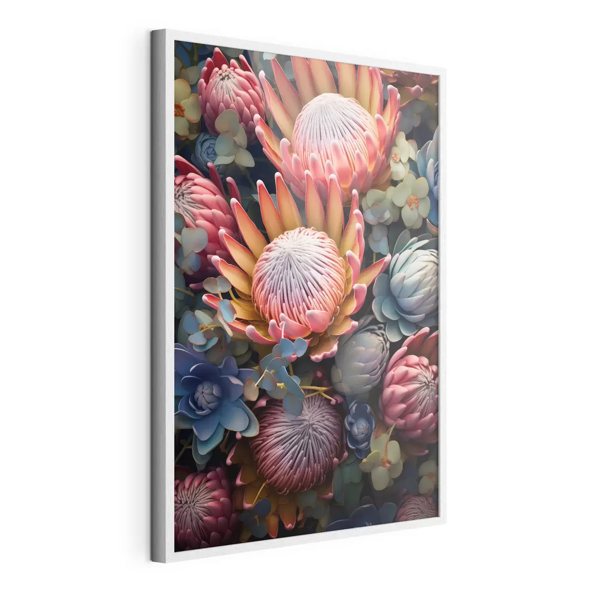 Poster Composition de protéas, d'eucalyptus et de plantes succulentes dans un style artistique numérique photoréaliste f46925