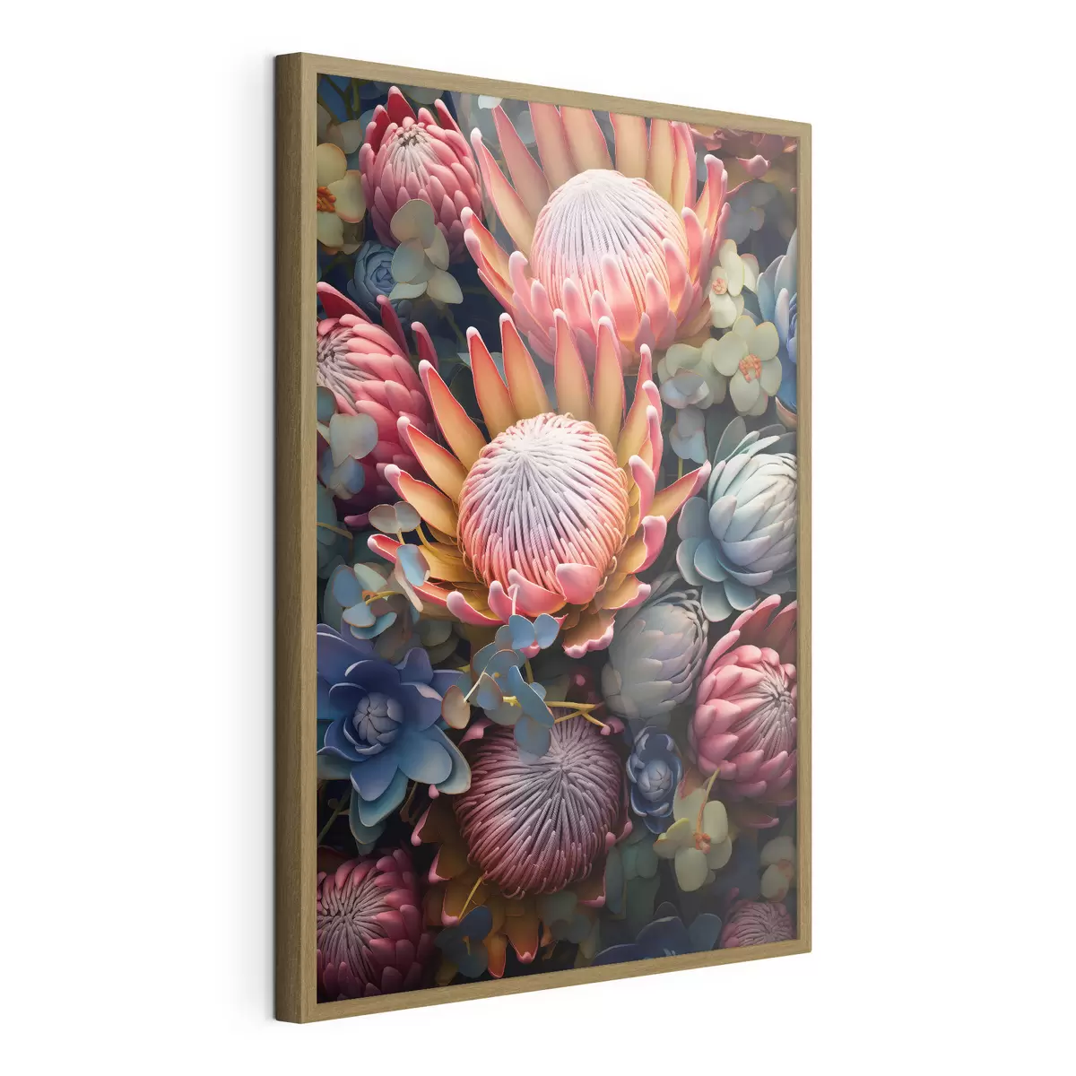 Poster Composition de protéas, d'eucalyptus et de plantes succulentes dans un style artistique numérique photoréaliste f46925