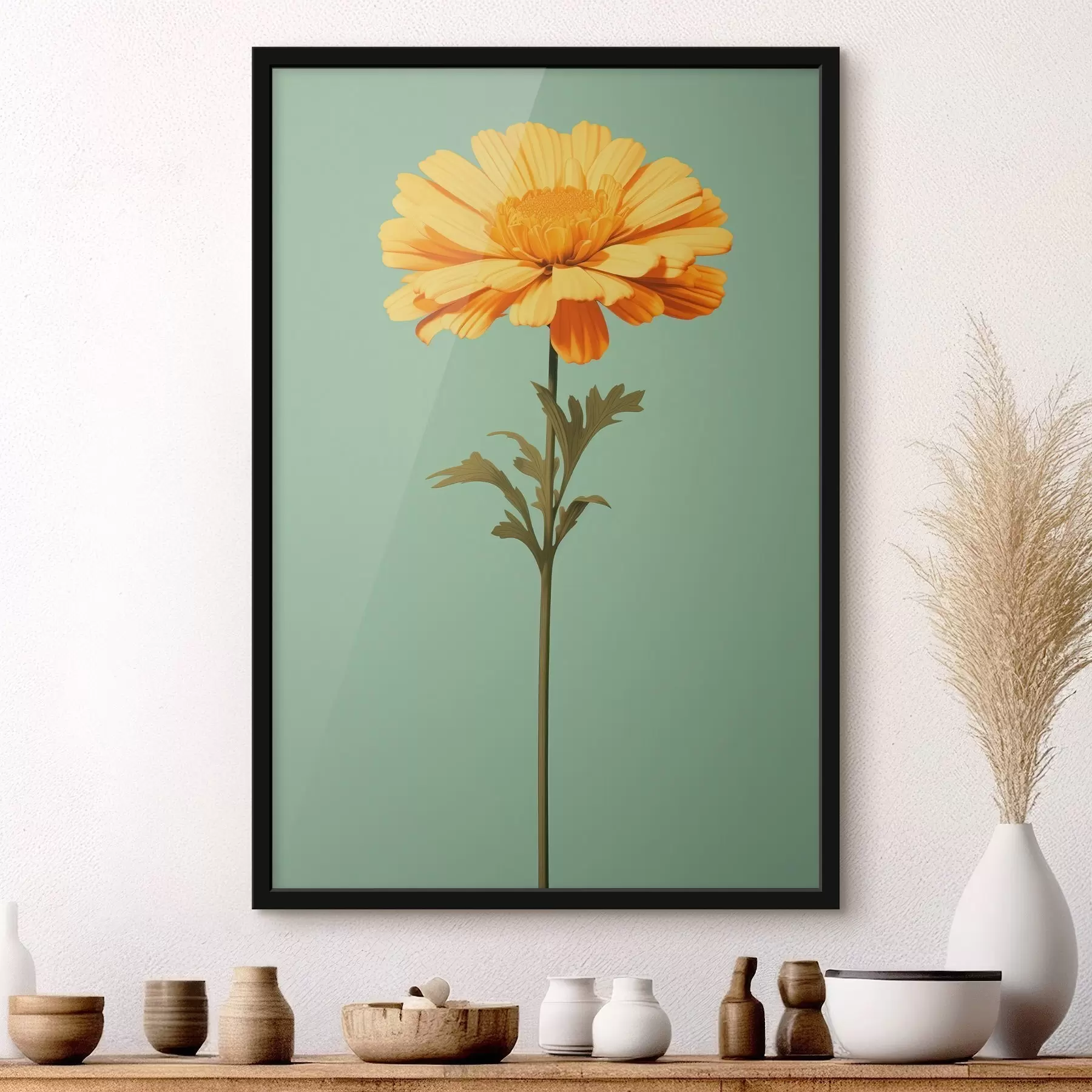 Papier peint Calendula jaune sur fond menthe dans un style minimaliste f46926