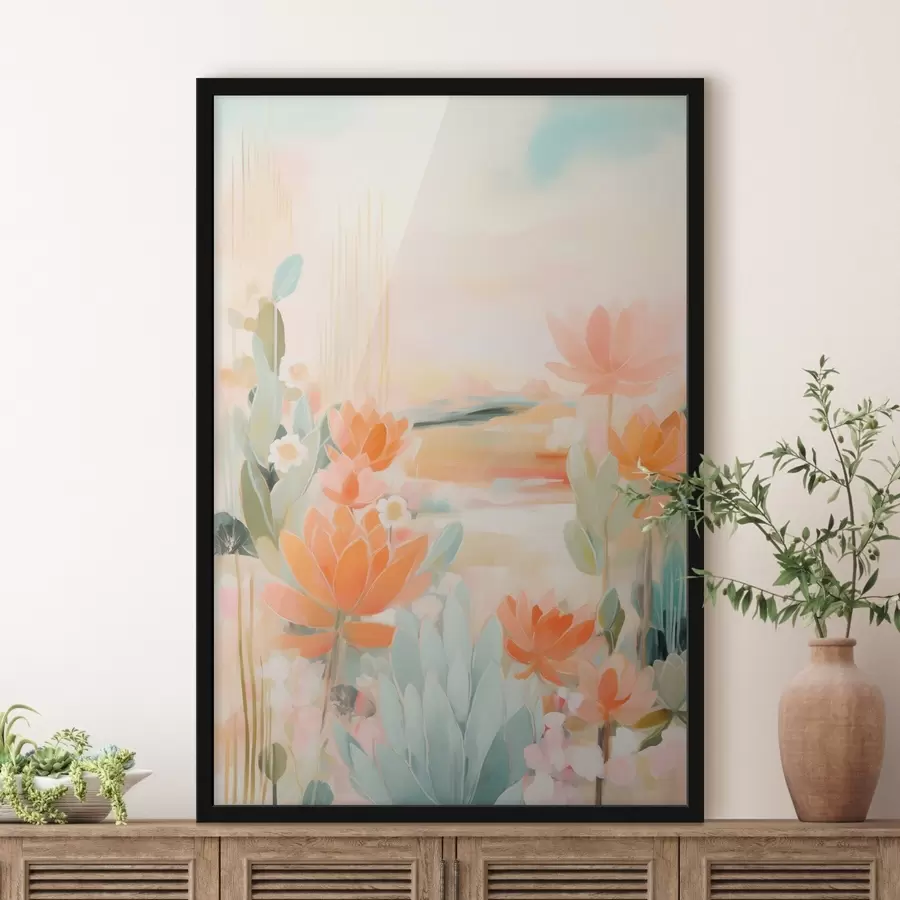 Papier peint Paysage floral dans des tons roses et bleus dans un style pictural contemporain f46931