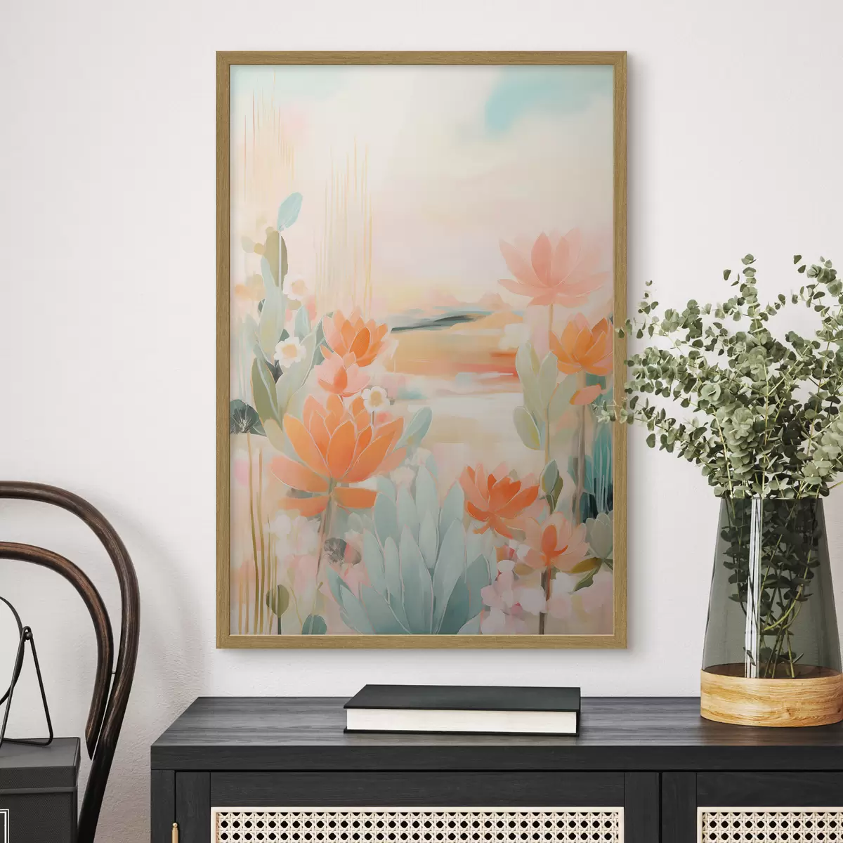 Poster Paysage floral dans des tons roses et bleus dans un style pictural contemporain f46931