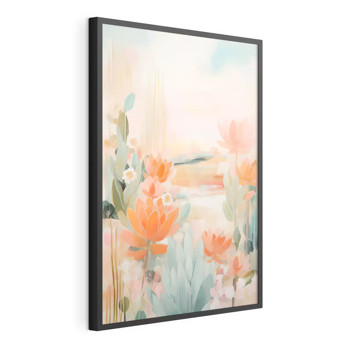 Poster Paysage floral dans des tons roses et bleus dans un style pictural contemporain f46931
