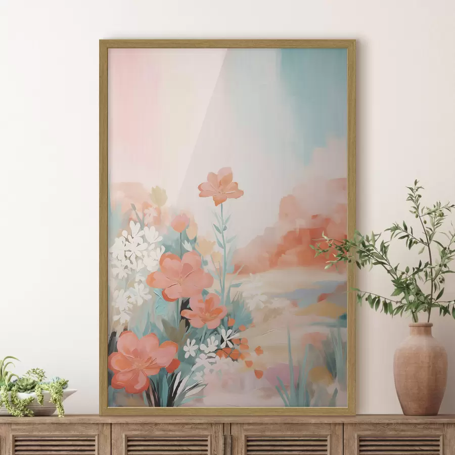 Papier peint Paysage floral abstrait dans une palette rose et bleue f46932