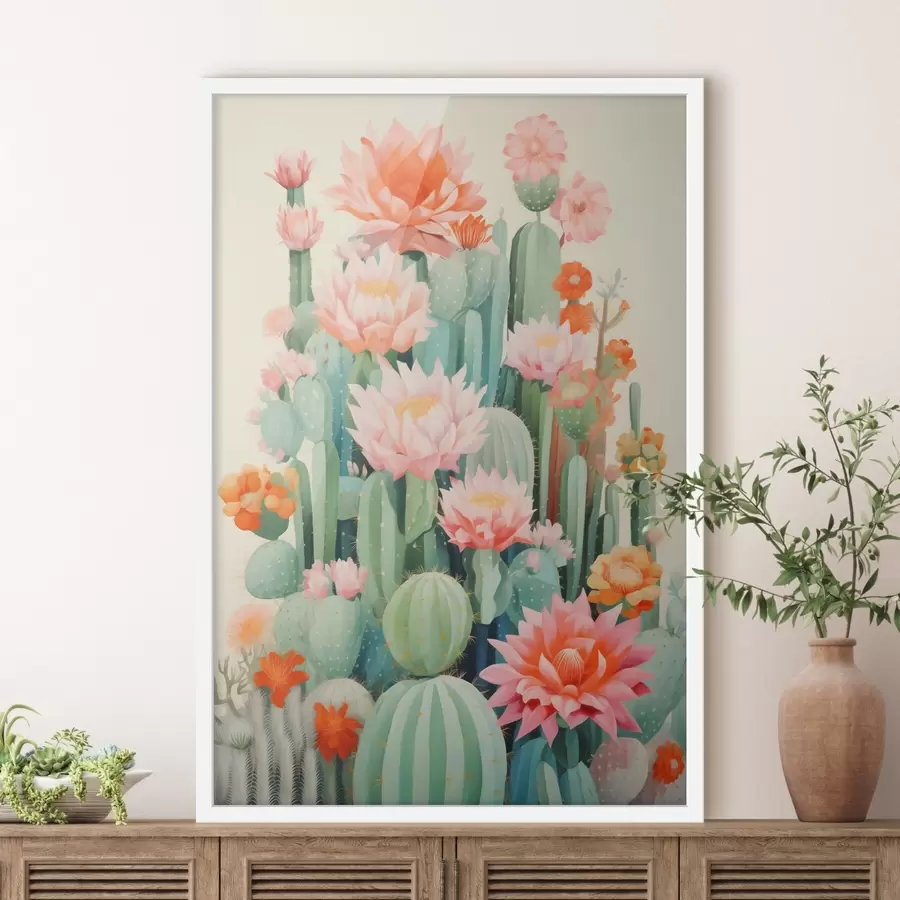 Papier peint Cactus en fleurs roses et orange dans un style illustré f46934