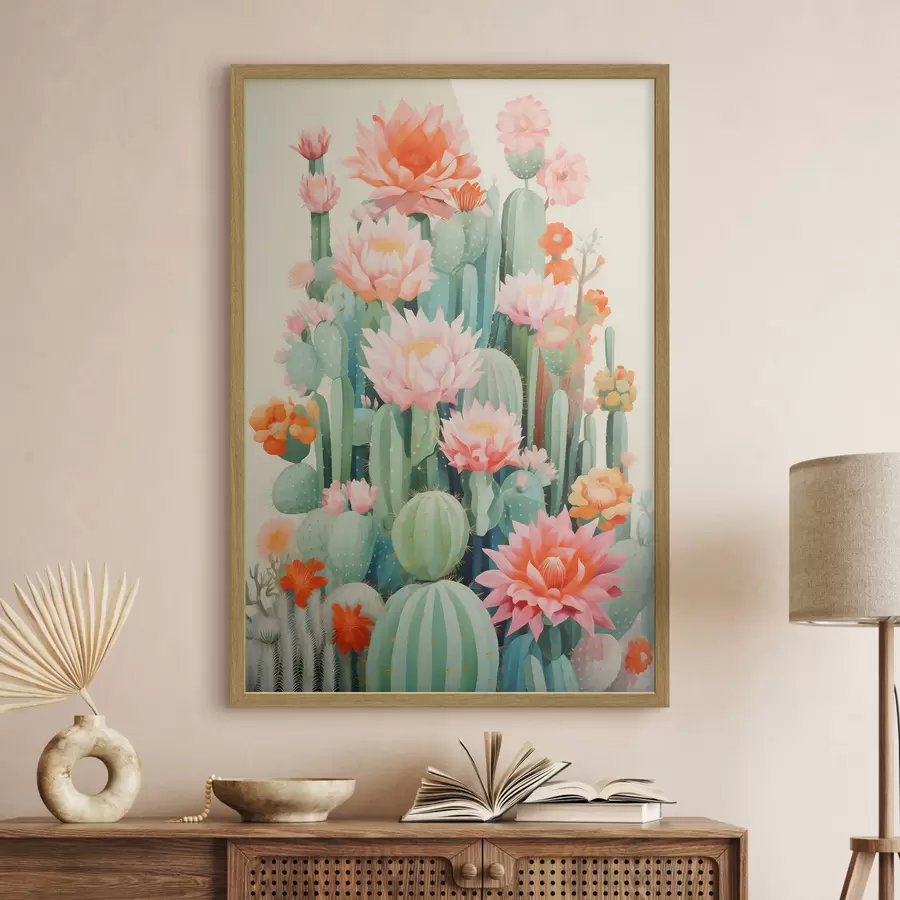 Papier peint Cactus en fleurs roses et orange dans un style illustré f46934