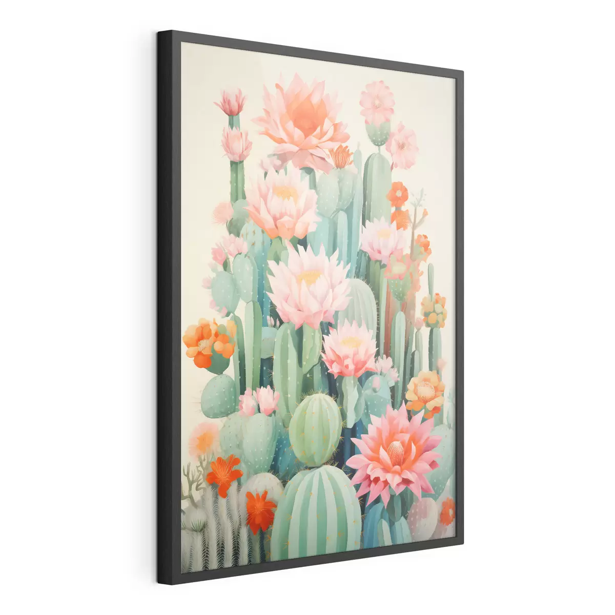 Poster Cactus en fleurs roses et orange dans un style illustré f46934