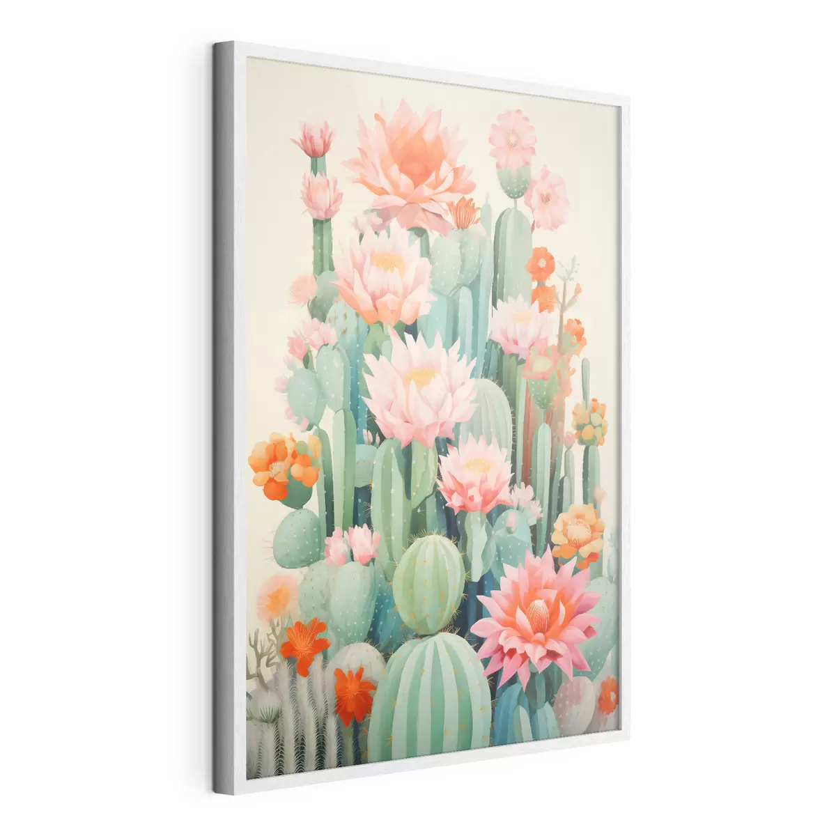 Poster Cactus en fleurs roses et orange dans un style illustré f46934