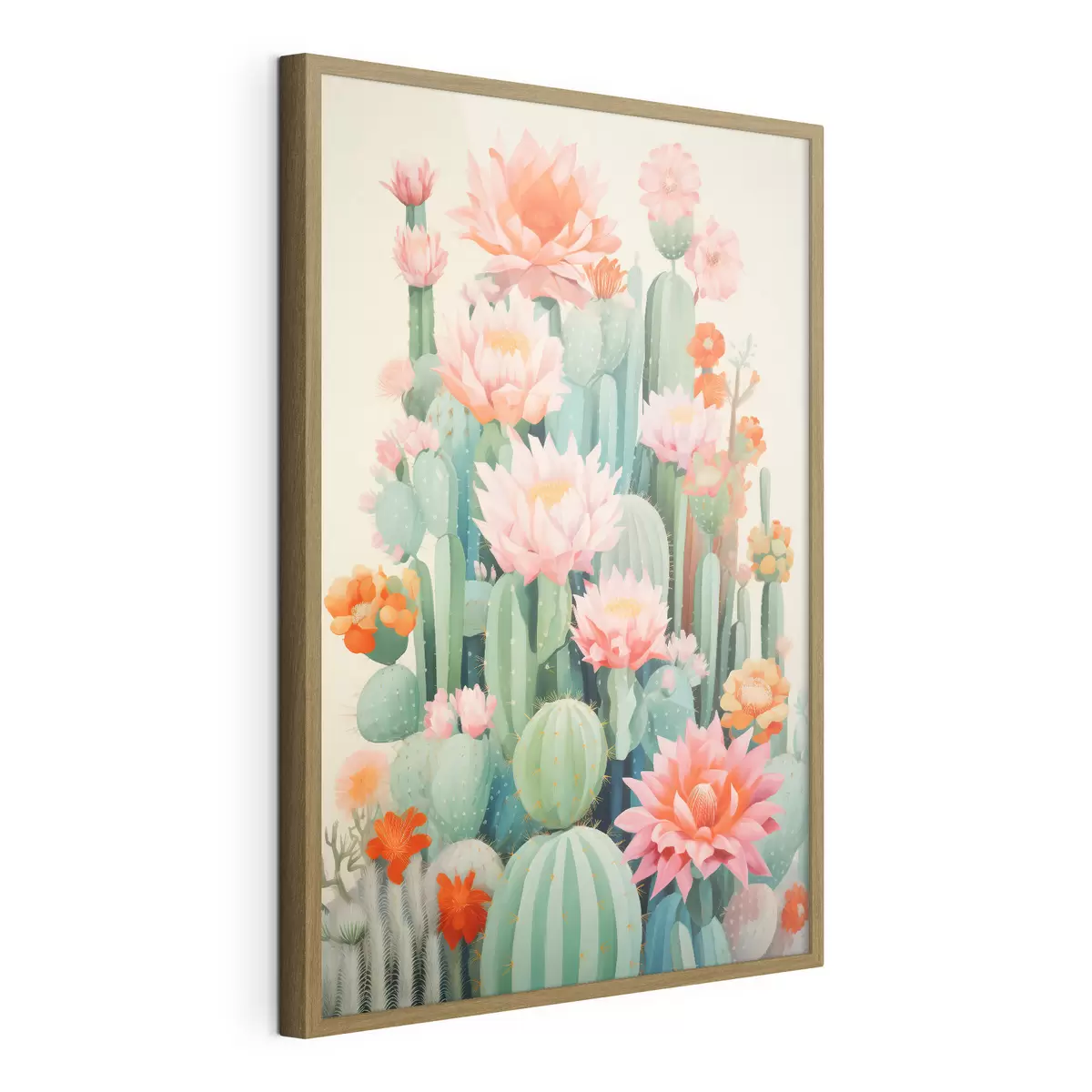 Poster Cactus en fleurs roses et orange dans un style illustré f46934