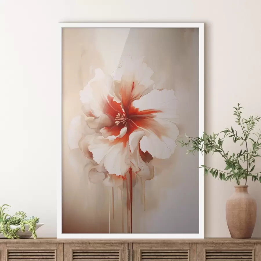 Papier peint Fleur blanche et rouge aux pétales semi-transparents et aux coulures de peinture fluides f46940