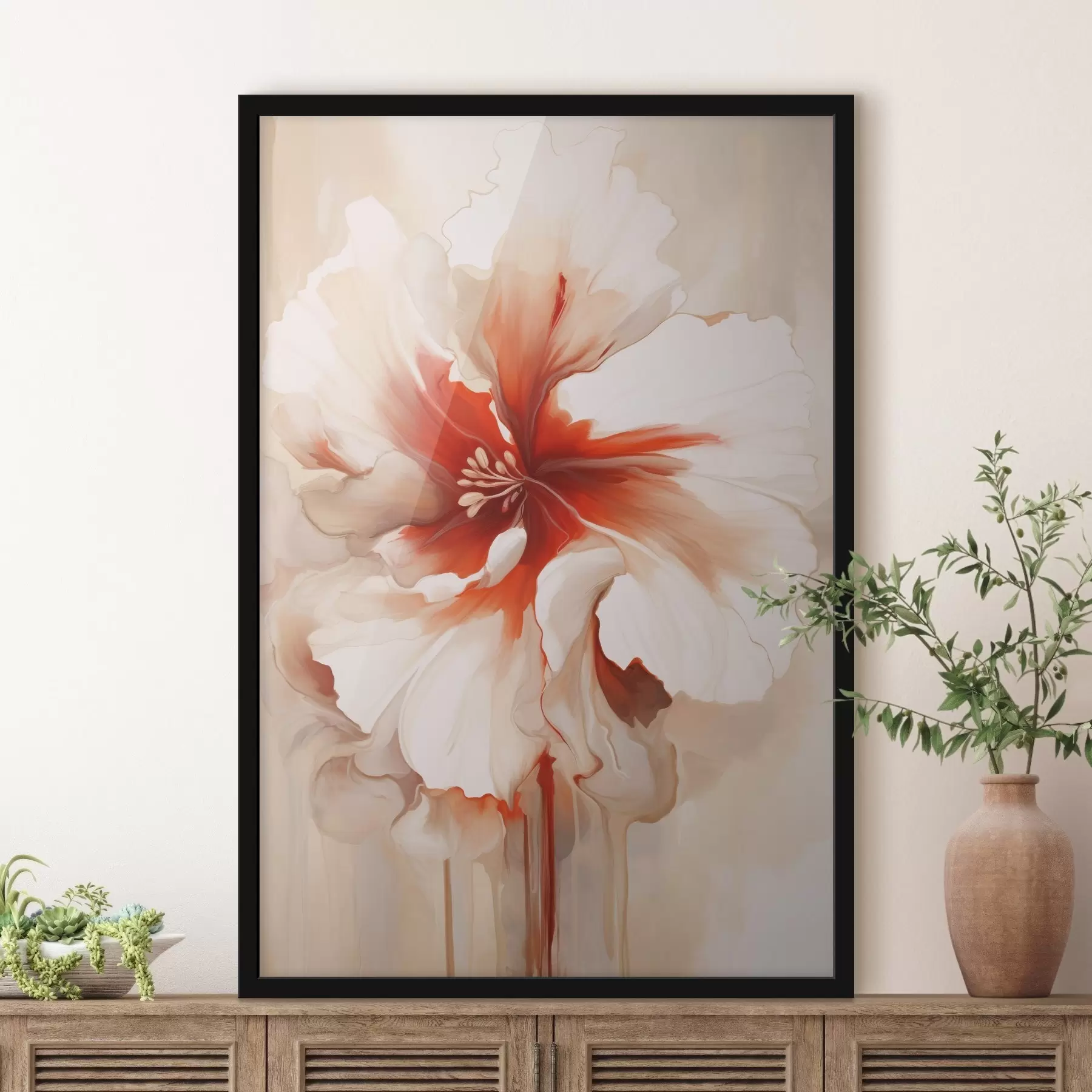 Papier peint Gros plan d'une fleur blanche et rouge aux pétales semi-transparents et aux coulures de peinture fluides f46941