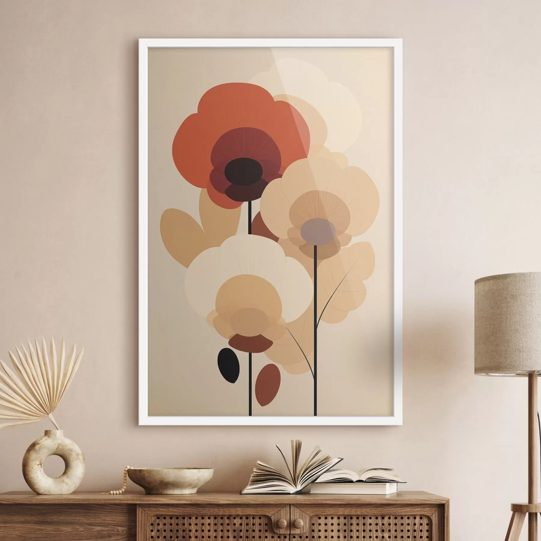 Papier peint Fleurs abstraites dans une palette beige chaud, dans un style minimaliste f46942