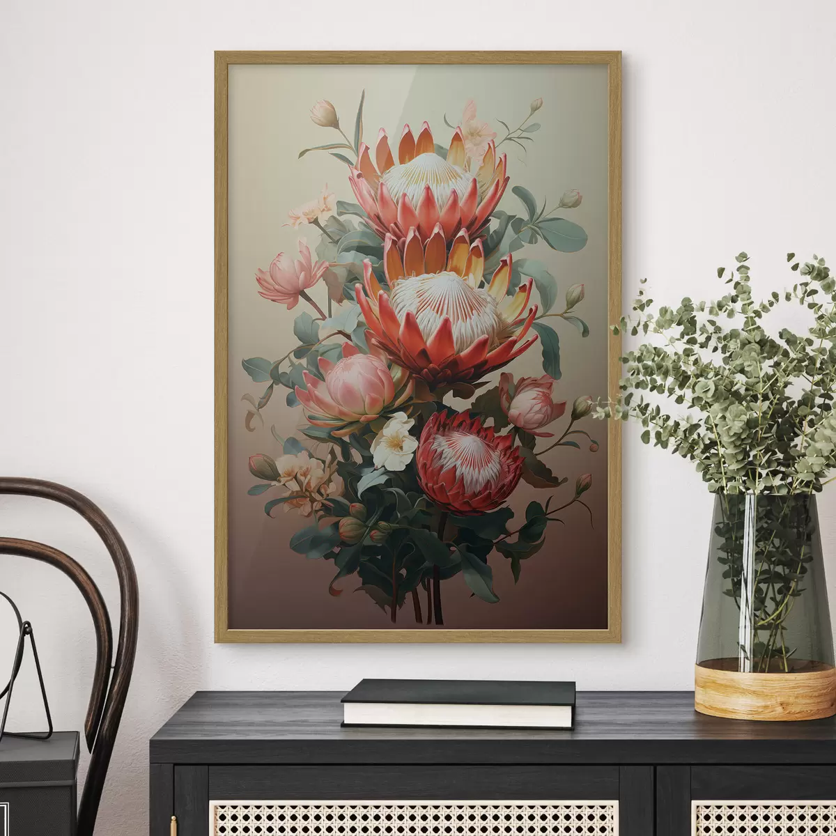 Poster Composition avec de grandes protéas dans un style pictural numérique moderne f46947