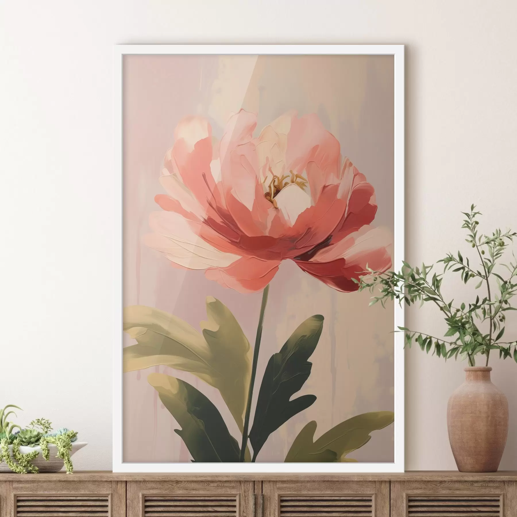 Papier peint Pivoine corail sur fond pastel dans un style d'illustration artistique moderne f46949