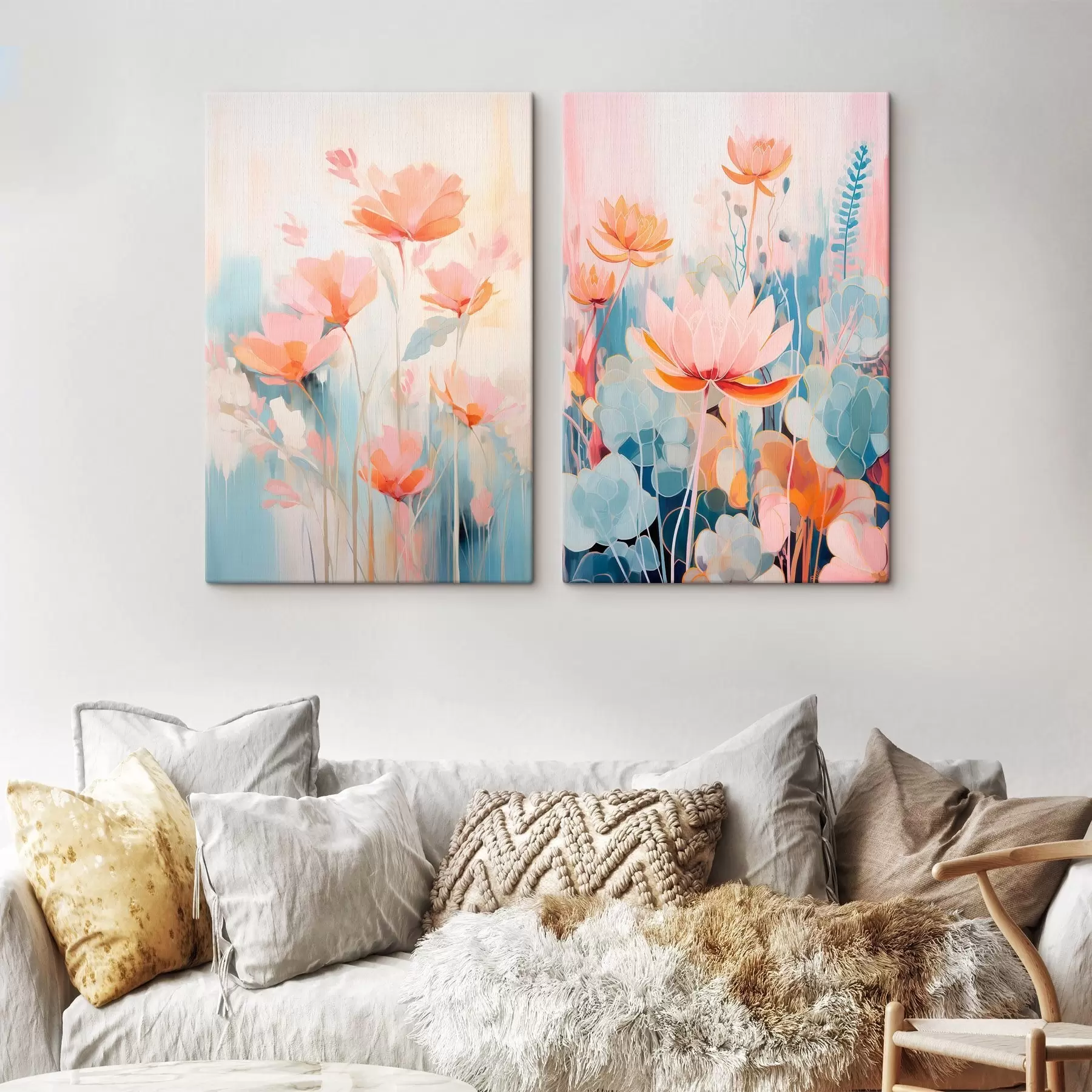 Tableau Harmonie aquarellée de fleurs dans une palette rose et bleue m01084