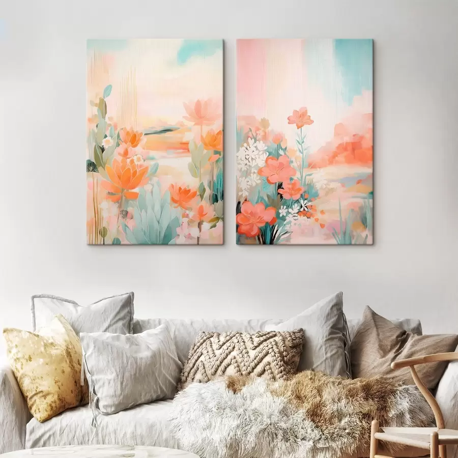 Tableau Motifs floraux aux tons pastel sur fond de vallée brumeuse et lumineuse m01085