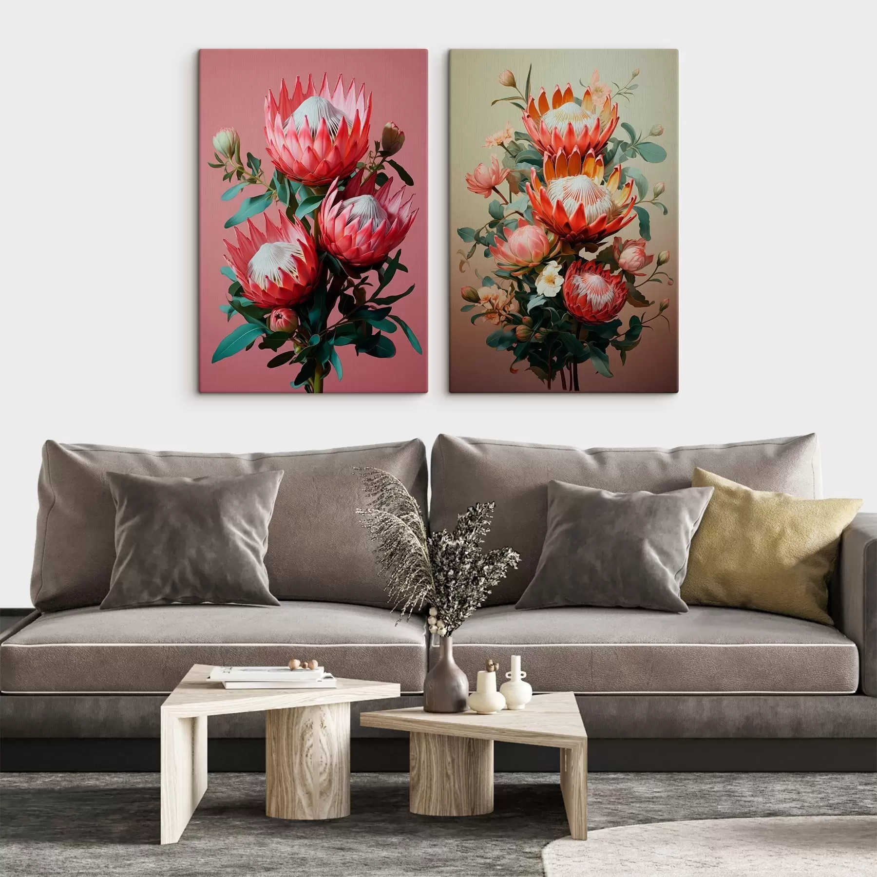 Tableau Proteas dans deux ambiances : fond rose intense et dégradé olive chaud m01092