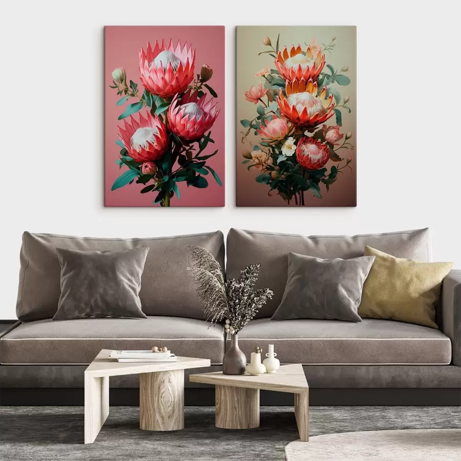 Tableau Proteas dans deux ambiances : fond rose intense et dégradé olive chaud m01092