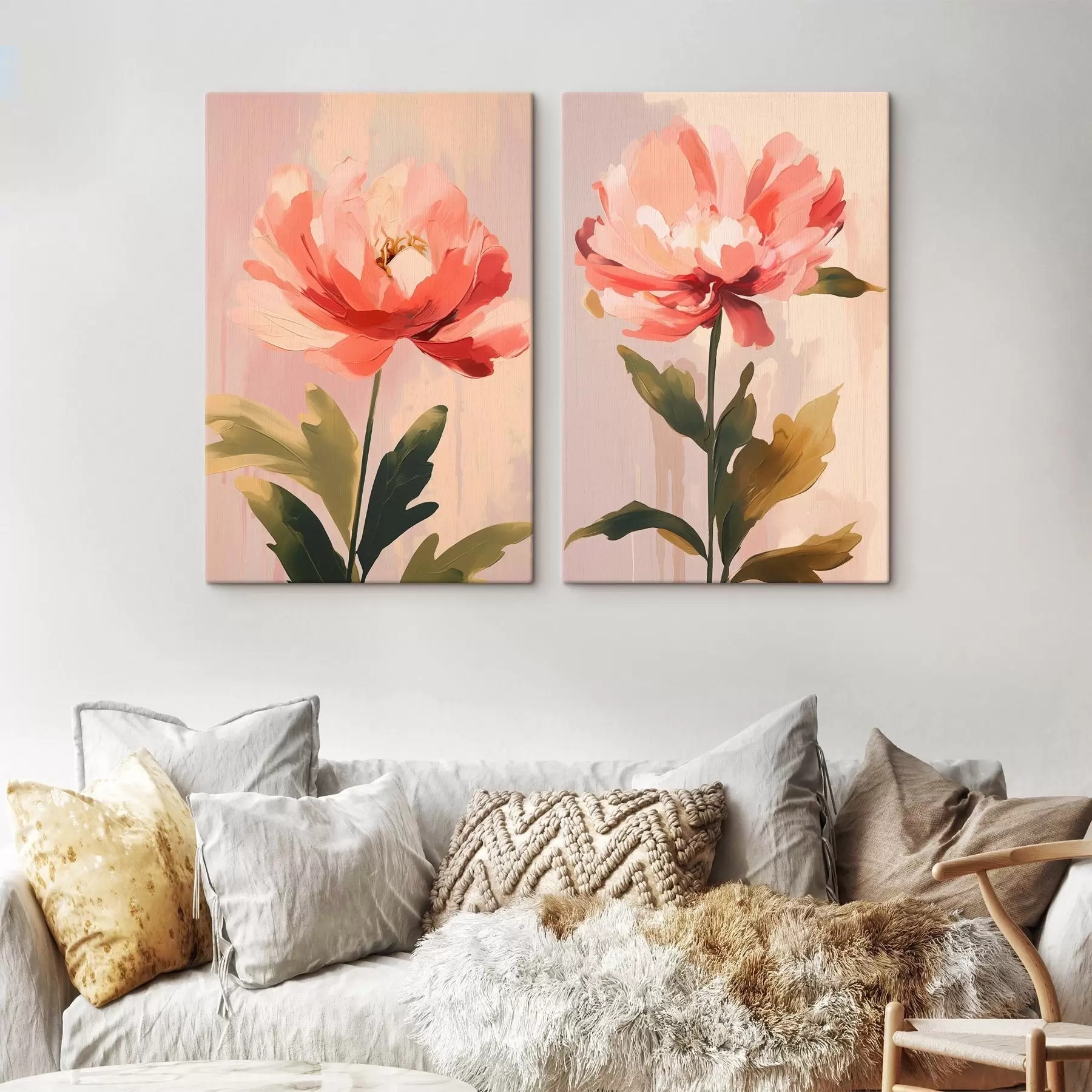 Tableau Pivoines pastel sur de longues tiges dans des tons rose chaud m01093