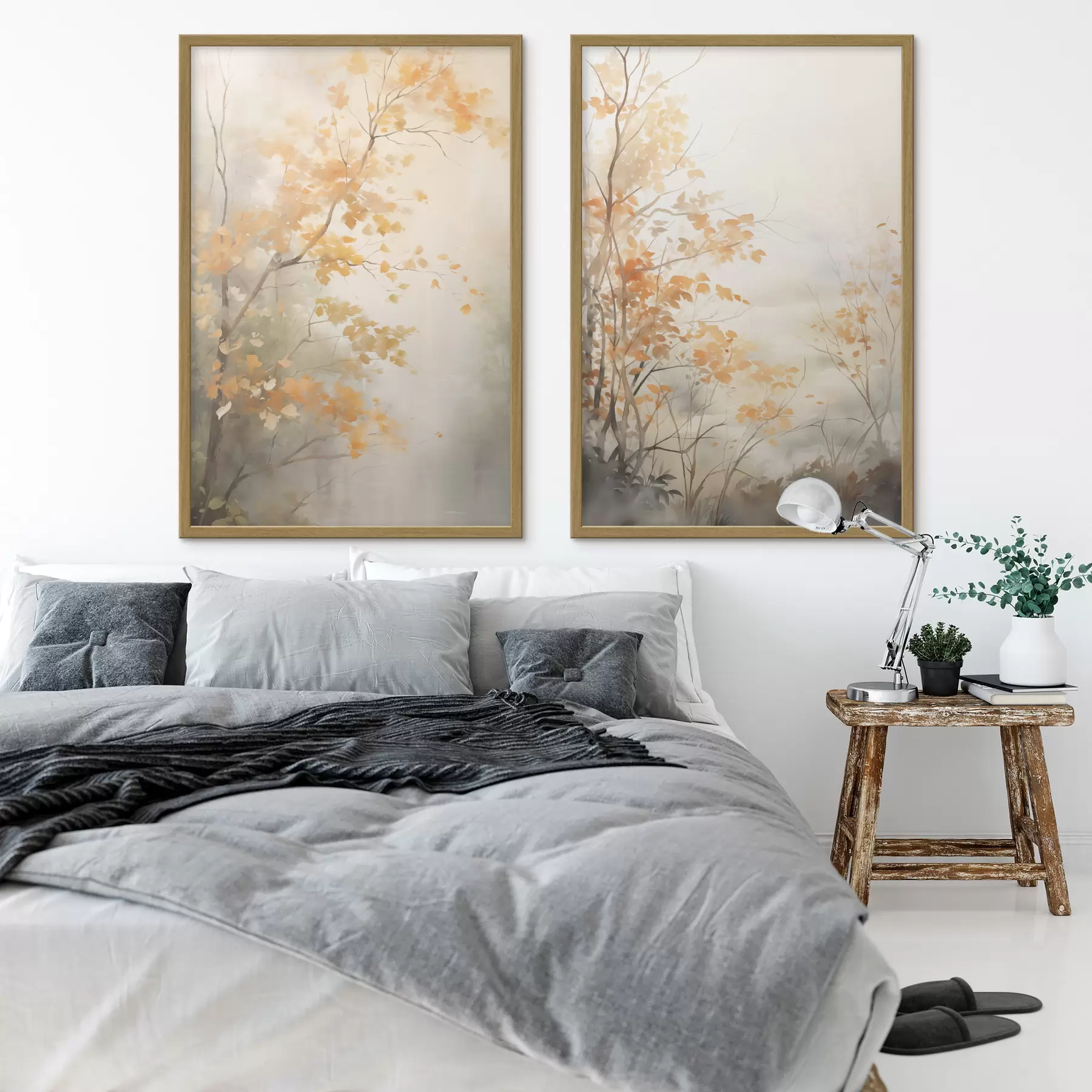 Papier peint Arbres d'automne aux feuilles et branches orange, style aquarelle doux, coups de pinceau délicats d00826