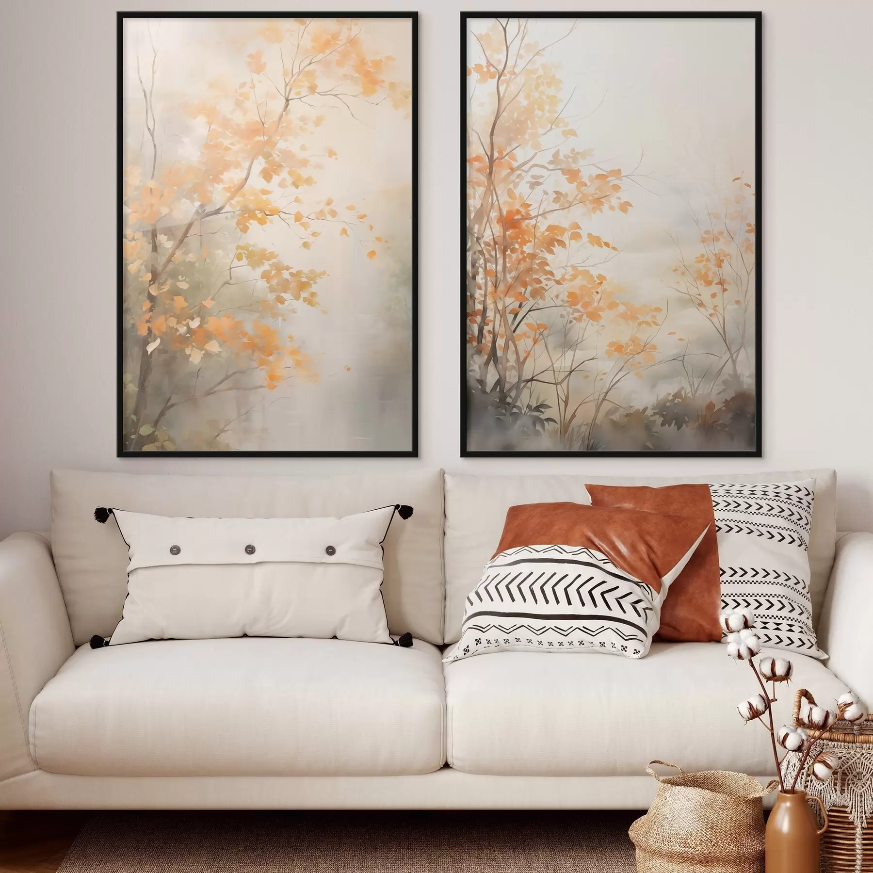 Papier peint Arbres d'automne aux feuilles et branches orange, style aquarelle doux, coups de pinceau délicats d00826