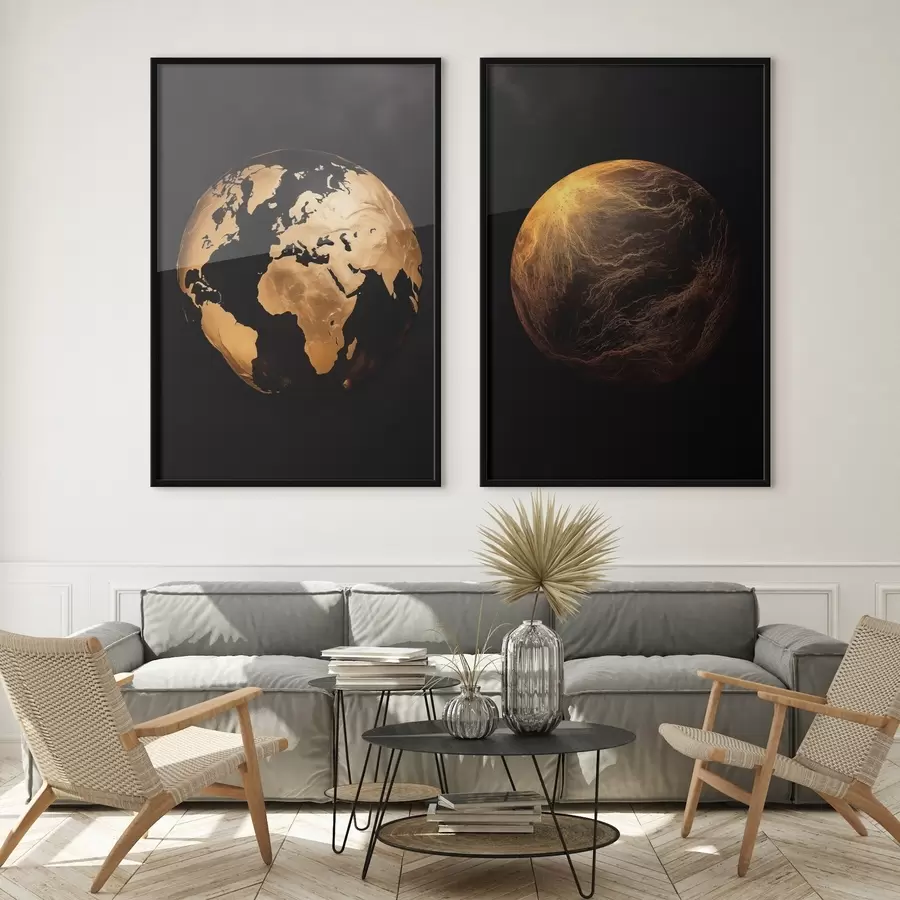 Papier peint Globe terrestre et planète abstraits texturés sur fond noir, art minimaliste moderne d00827