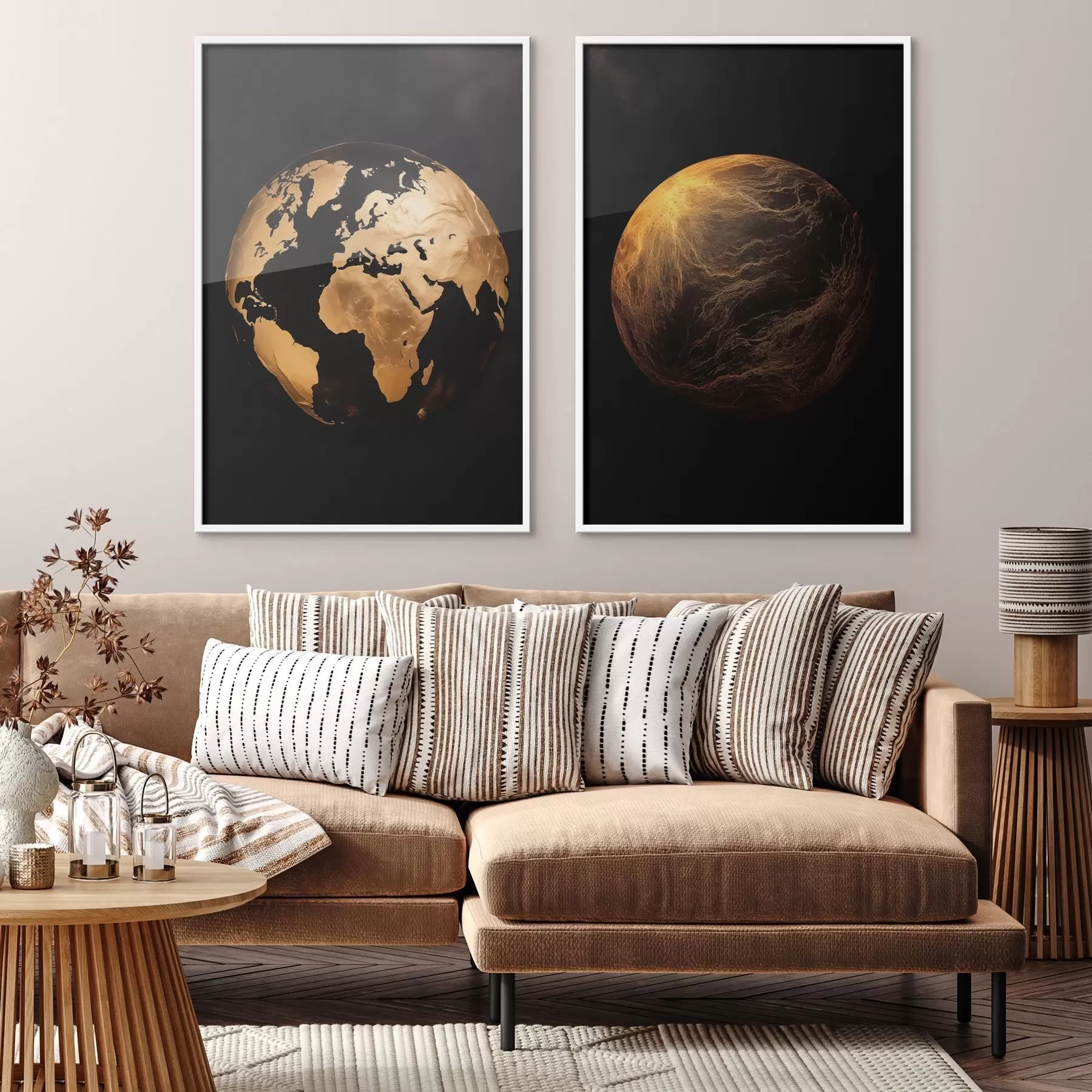 Papier peint Globe terrestre et planète abstraits texturés sur fond noir, art minimaliste moderne d00827