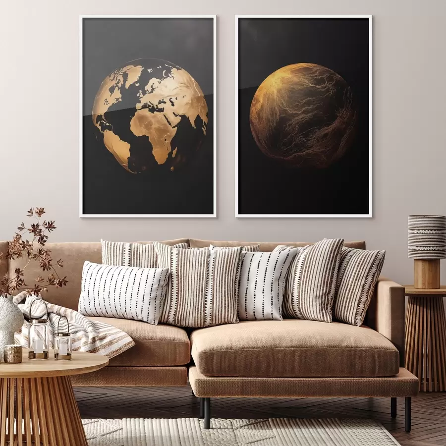 Papier peint Globe terrestre et planète abstraits texturés sur fond noir, art minimaliste moderne d00827