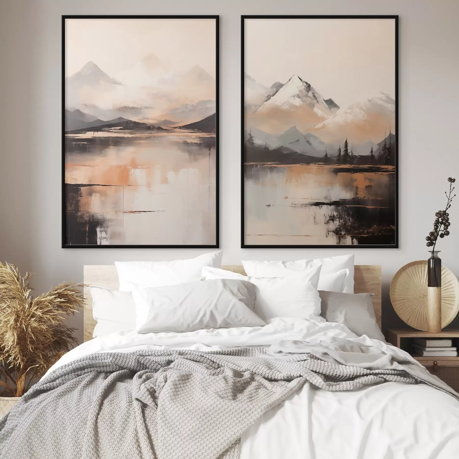 Papier peint Une peinture imitant un paysage texturé représentant des montagnes et un lac d00831