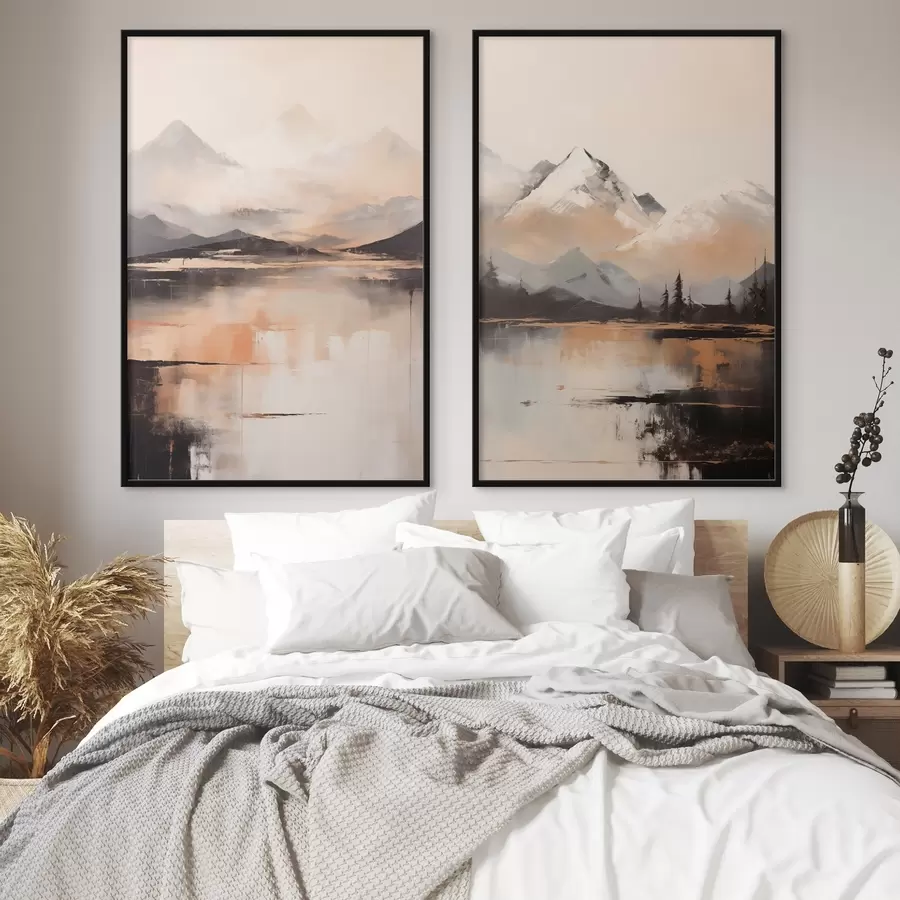 Papier peint Une peinture imitant un paysage texturé représentant des montagnes et un lac d00831