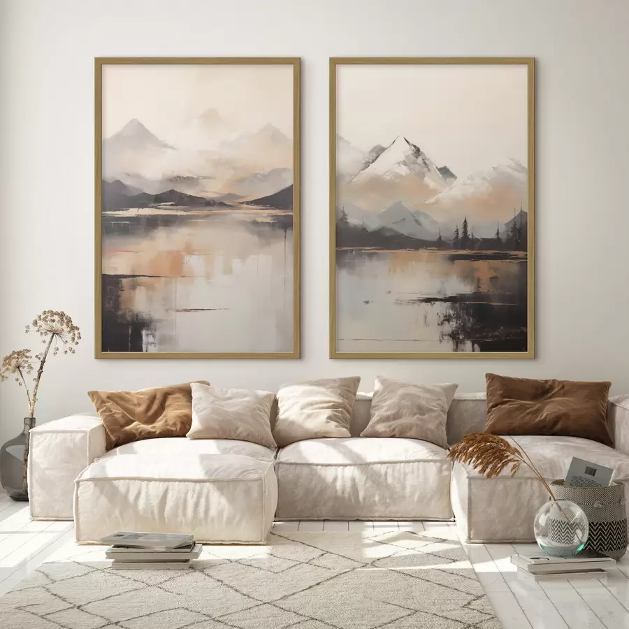 Papier peint Une peinture imitant un paysage texturé représentant des montagnes et un lac d00831