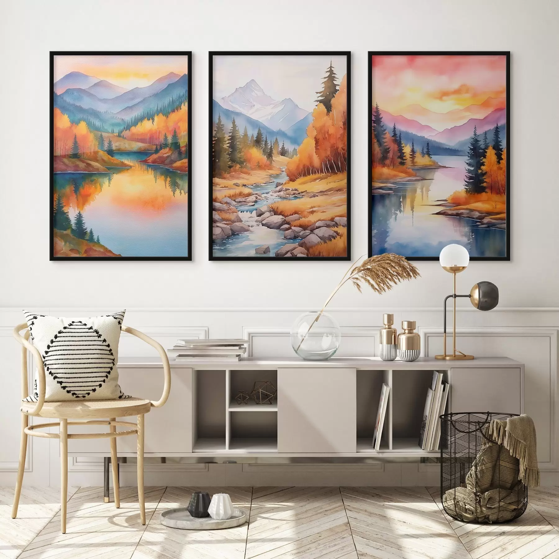 Papier peint Paysage montagneux automnal aux teintes chaudes du coucher de soleil d00930