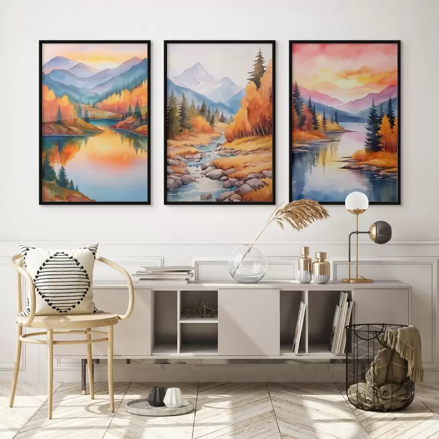 Papier peint Paysage montagneux automnal aux teintes chaudes du coucher de soleil d00930