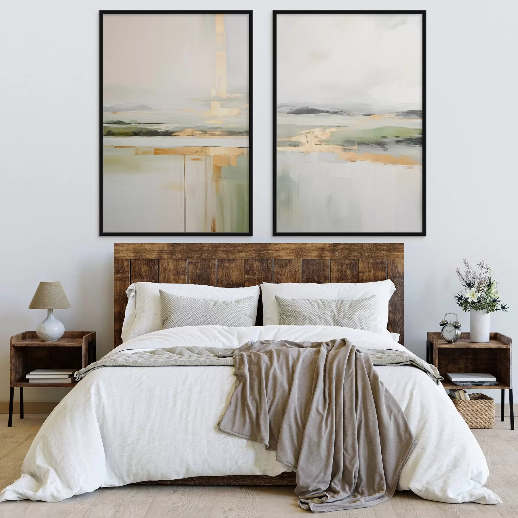 Papier peint Paysage abstrait avec des accents jaunes, une composition minimaliste de terre, d'eau et de ciel, avec des couleurs douces d00877