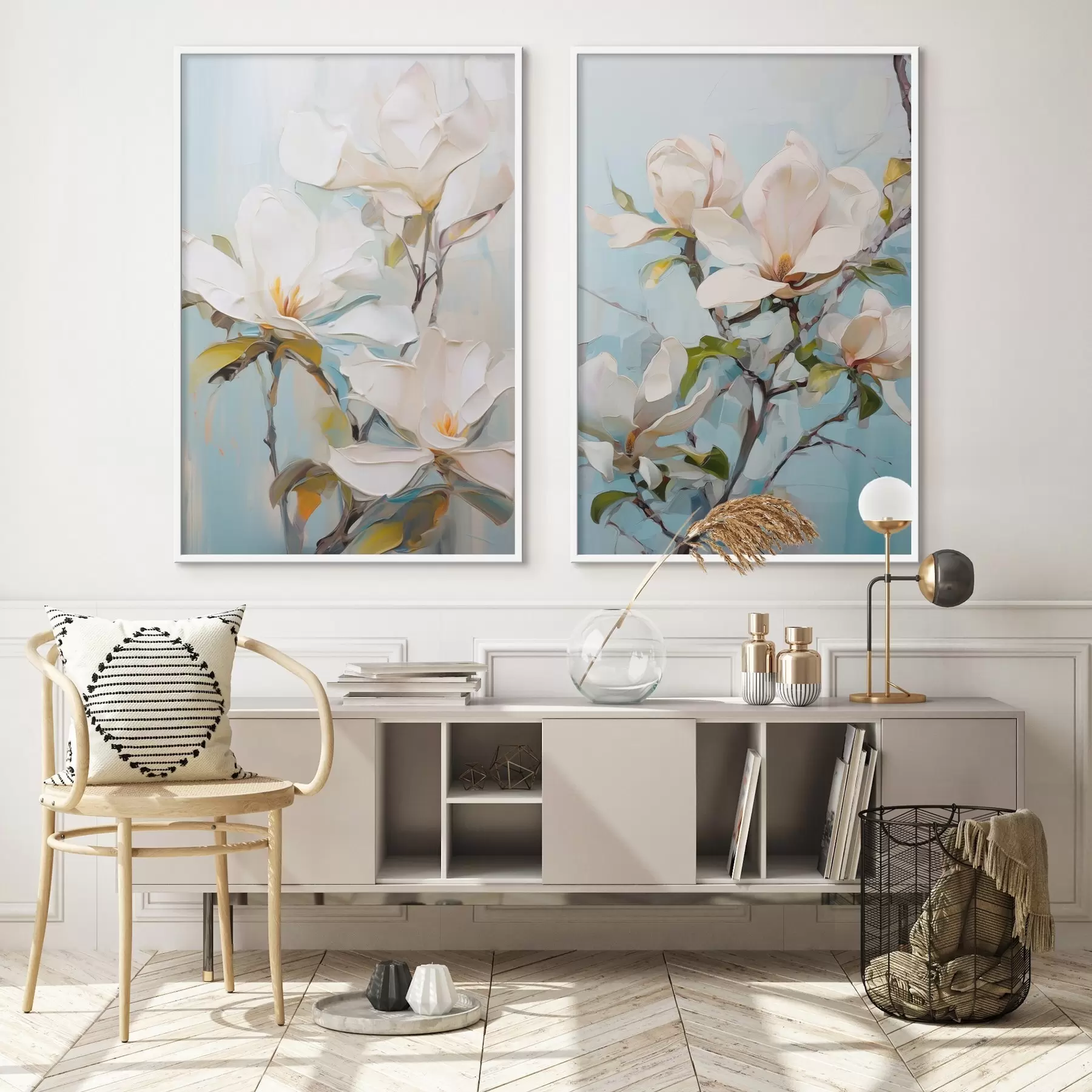 Papier peint Fleurs de magnolia blanches, fond bleu clair avec des coups de pinceau doux, style peinture à l'huile, texture impasto d00881